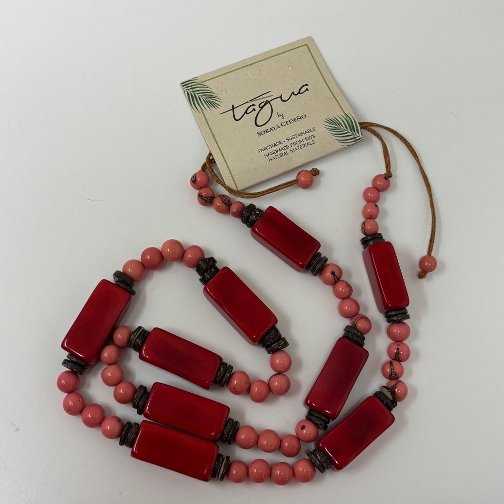 Tagua by Soraya Cedeno Womens Chunky Long Beaded Necklace Red Pink Coconut Shell